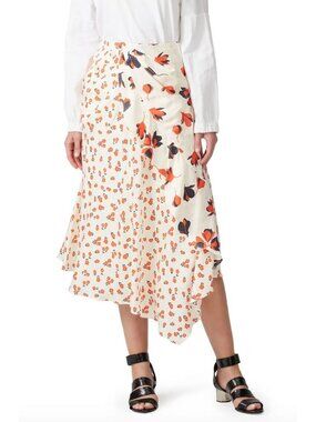Self-Portrait Asymmetric Floral-Print Satin Midi Skirt White Red Size US 0 UK 4